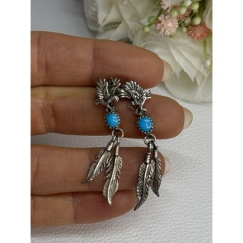 Navajo Flying Eagle 925 Sterling Silver Turquoise Earrings Length 1.60 Inch