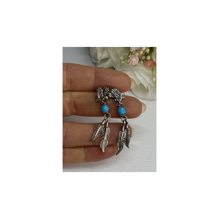 Navajo Flying Eagle 925 Sterling Silver Turquoise Earrings Length 1.60 Inch