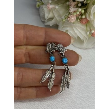 Navajo Flying Eagle 925 Sterling Silver Turquoise Earrings Length 1.60 Inch