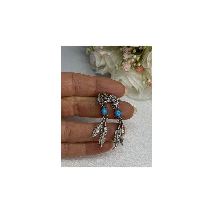Navajo Flying Eagle 925 Sterling Silver Turquoise Earrings Length 1.60 Inch