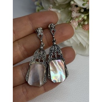 Vintage 925 Sterling Silver Abalone Earrings Length 2 Inch