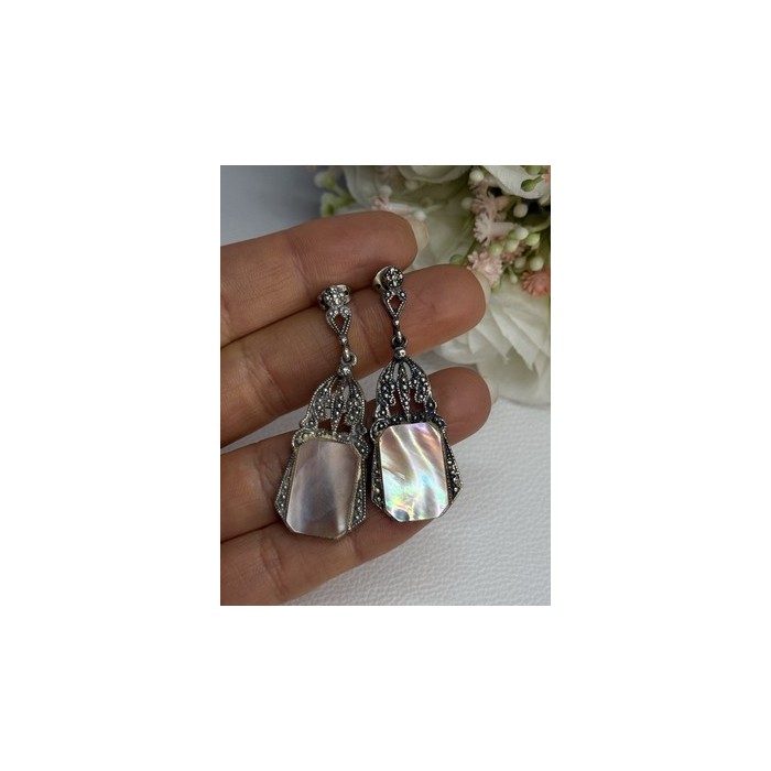 Vintage 925 Sterling Silver Abalone Earrings Length 2 Inch