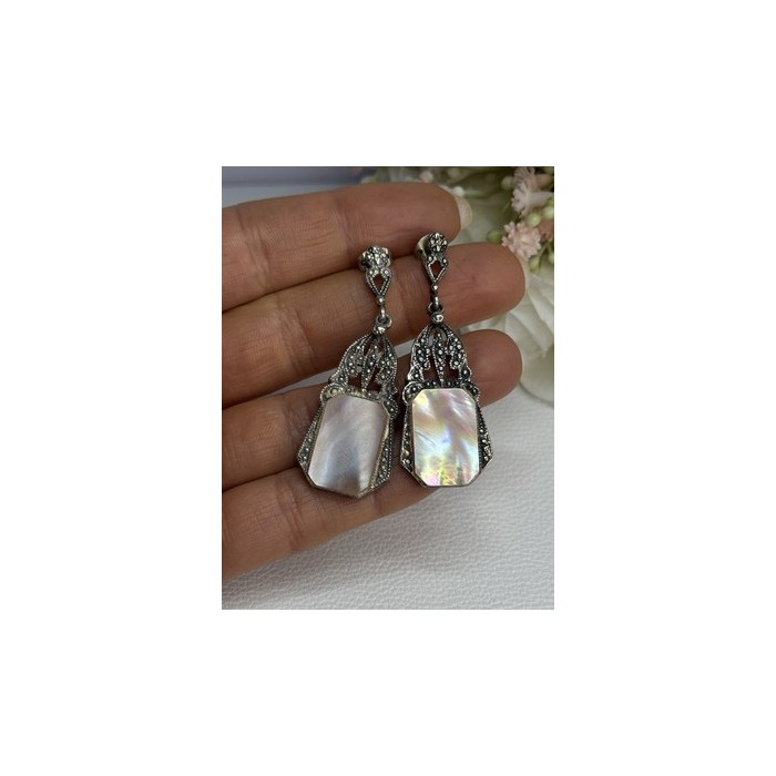 Vintage 925 Sterling Silver Abalone Earrings Length 2 Inch