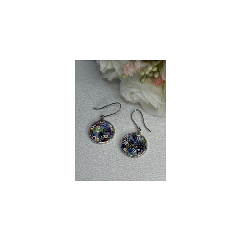 Murano Venice Millefiori 925 Sterling Silver Earrings Length 1.60 Inch