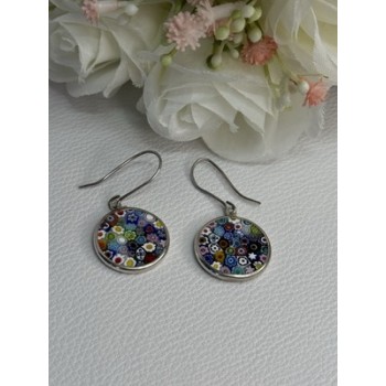 Murano Venice Millefiori 925 Sterling Silver Earrings Length 1.60 Inch