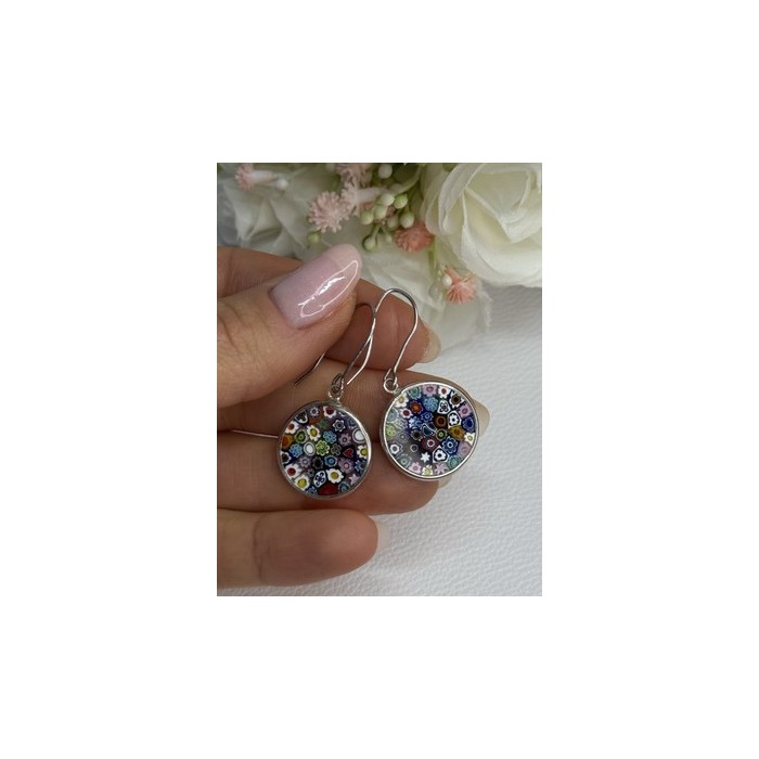 Murano Venice Millefiori 925 Sterling Silver Earrings Length 1.60 Inch