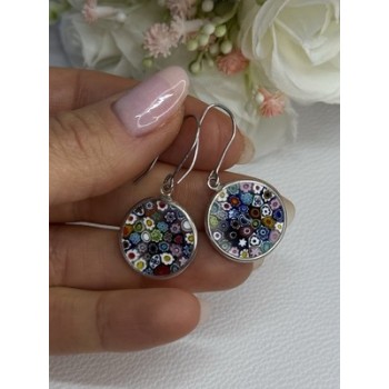 Murano Venice Millefiori 925 Sterling Silver Earrings Length 1.60 Inch