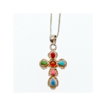 925 Sterling Silver Amber & Multicolor Agate Chain with Cross