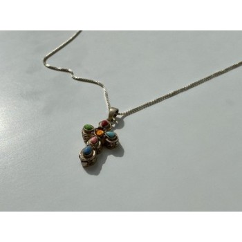 925 Sterling Silver Amber & Multicolor Agate Chain with Cross