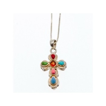 925 Sterling Silver Amber & Multicolor Agate Chain with Cross