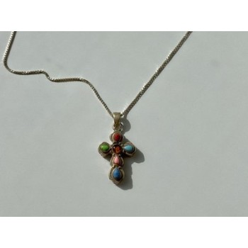 925 Sterling Silver Amber & Multicolor Agate Chain with Cross