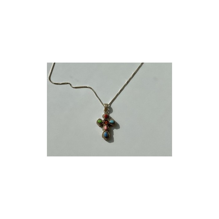 925 Sterling Silver Amber & Multicolor Agate Chain with Cross
