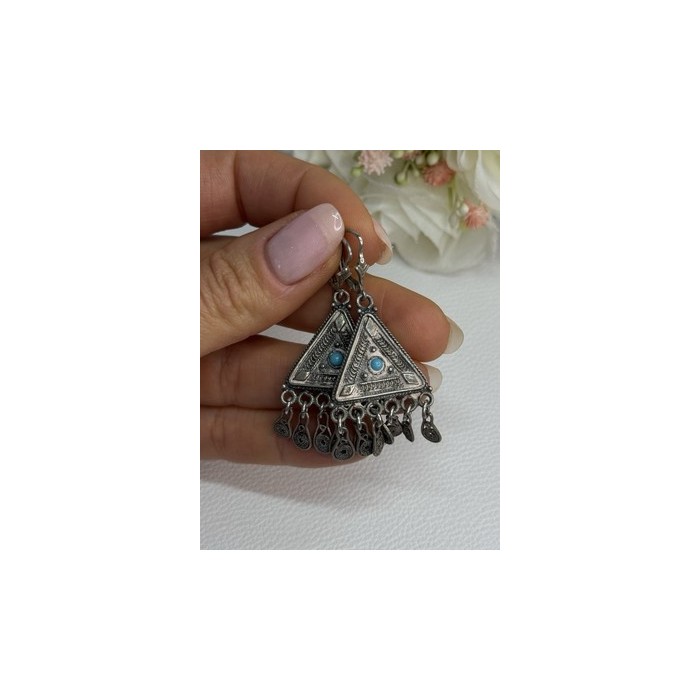 Vintage Israel 925 Sterling Silver Turquoise Earrings Length 1.93 Inch