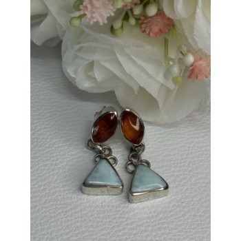 925 Sterling Silver Amber & Larimar Earrings Length 1.30 Inch