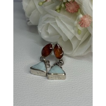 925 Sterling Silver Amber & Larimar Earrings Length 1.30 Inch