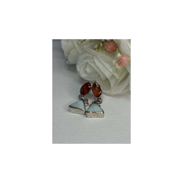 925 Sterling Silver Amber & Larimar Earrings Length 1.30 Inch