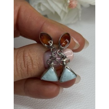 925 Sterling Silver Amber & Larimar Earrings Length 1.30 Inch