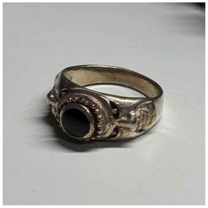 Vintage 925 Sterling Silver Black Enamel Face Ring Size 8