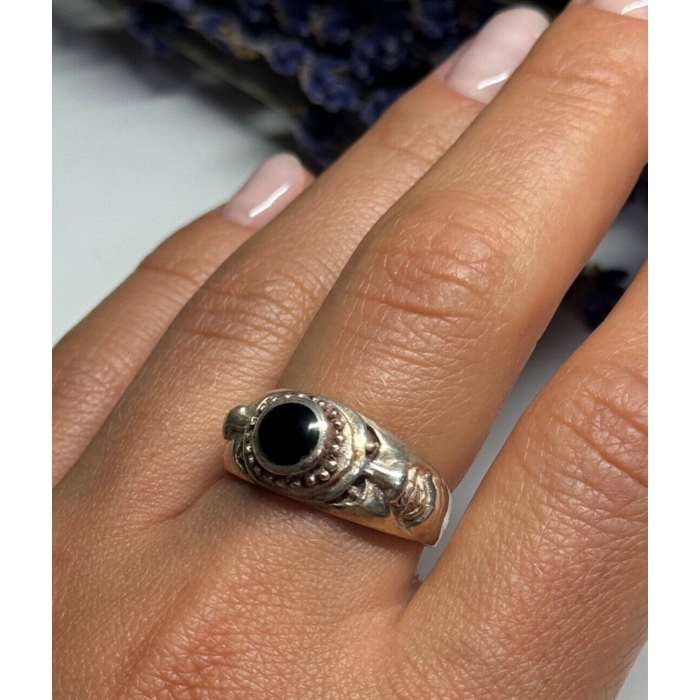 Vintage 925 Sterling Silver Black Enamel Face Ring Size 8