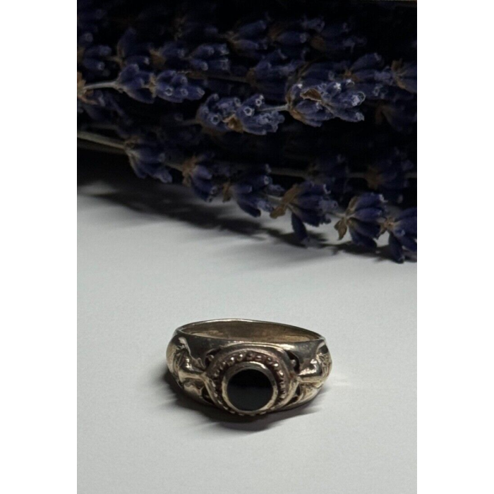Vintage 925 Sterling Silver Black Enamel Face Ring Size 8