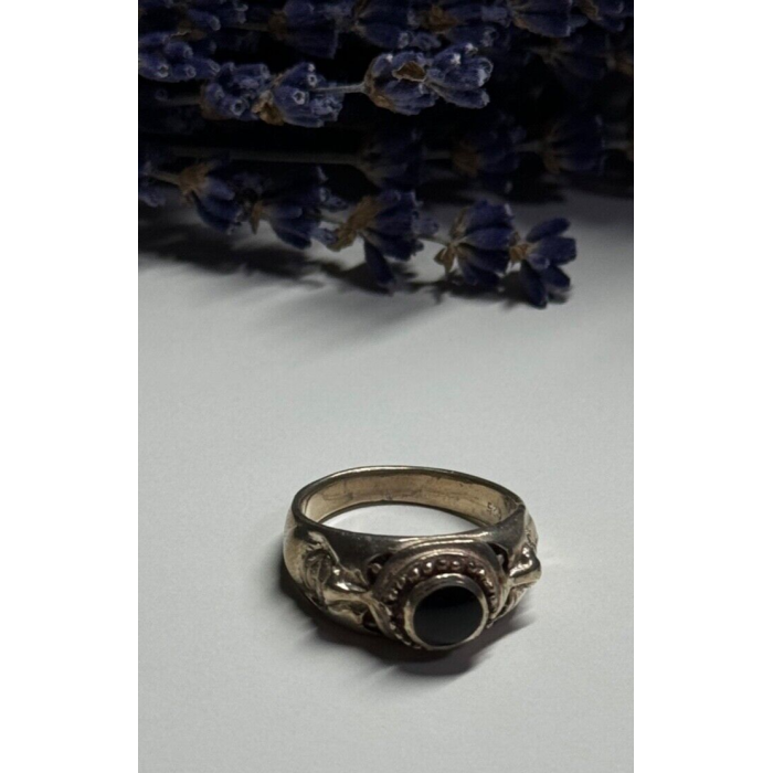 Vintage 925 Sterling Silver Black Enamel Face Ring Size 8