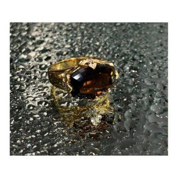 925 STERLING SILVER GOLD PLATED HESSONITE & DIAMONDS RING SIZE 5.5