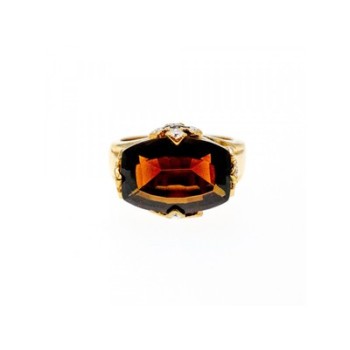 925 STERLING SILVER GOLD PLATED HESSONITE & DIAMONDS RING SIZE 5.5