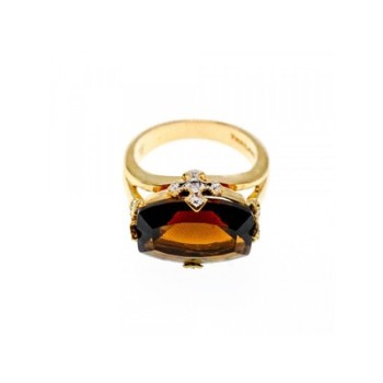 925 STERLING SILVER GOLD PLATED HESSONITE & DIAMONDS RING SIZE 5.5