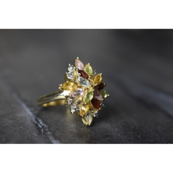 925 Sterling Silver Gold Plated Multi Gemstones Ring Size 6.5