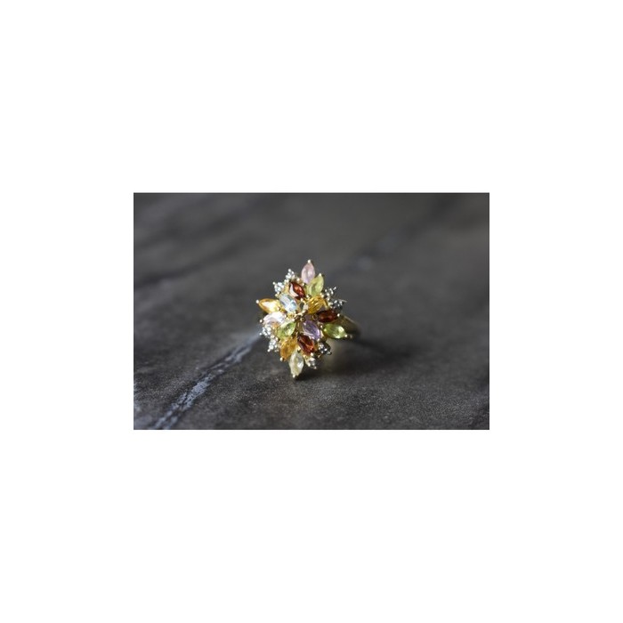 925 Sterling Silver Gold Plated Multi Gemstones Ring Size 6.5