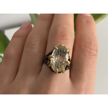 925 BLACKENED  SILVER WITH GILDING  GREEN AMETHYST & HELIODOR RING SIZE 9.75
