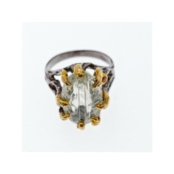 925 BLACKENED  SILVER WITH GILDING  GREEN AMETHYST & HELIODOR RING SIZE 9.75