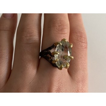 925 BLACKENED  SILVER WITH GILDING  GREEN AMETHYST & HELIODOR RING SIZE 9.75