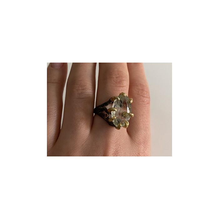 925 BLACKENED  SILVER WITH GILDING  GREEN AMETHYST & HELIODOR RING SIZE 9.75