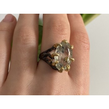 925 BLACKENED  SILVER WITH GILDING  GREEN AMETHYST & HELIODOR RING SIZE 9.75