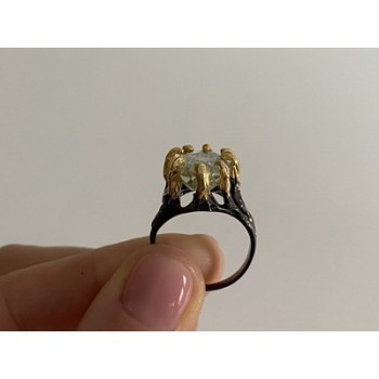 925 BLACKENED  SILVER WITH GILDING  GREEN AMETHYST & HELIODOR RING SIZE 9.75