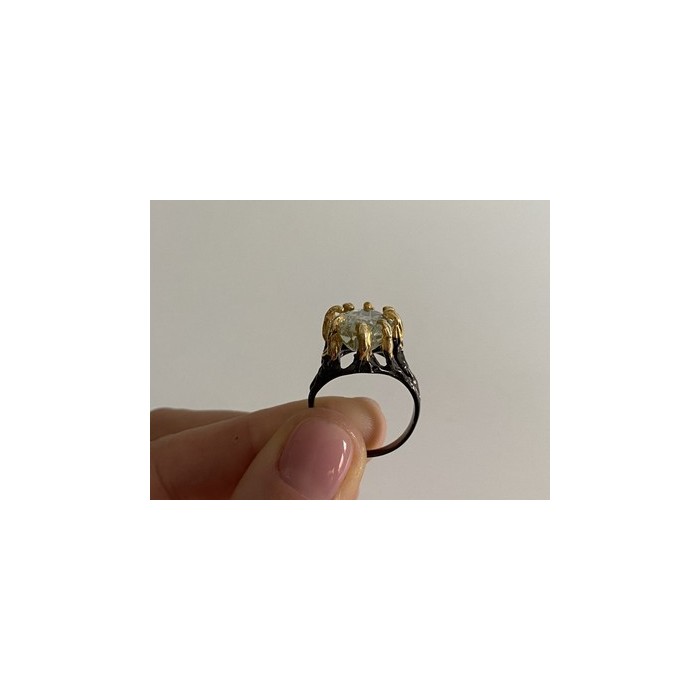 925 BLACKENED  SILVER WITH GILDING  GREEN AMETHYST & HELIODOR RING SIZE 9.75