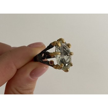 925 BLACKENED  SILVER WITH GILDING  GREEN AMETHYST & HELIODOR RING SIZE 9.75