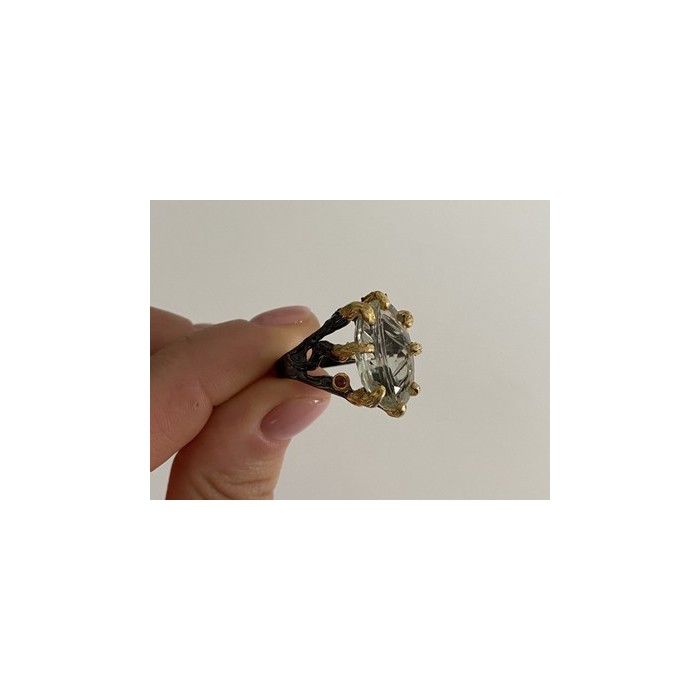 925 BLACKENED  SILVER WITH GILDING  GREEN AMETHYST & HELIODOR RING SIZE 9.75