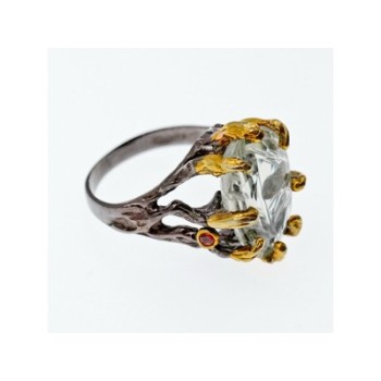 925 BLACKENED  SILVER WITH GILDING  GREEN AMETHYST & HELIODOR RING SIZE 9.75