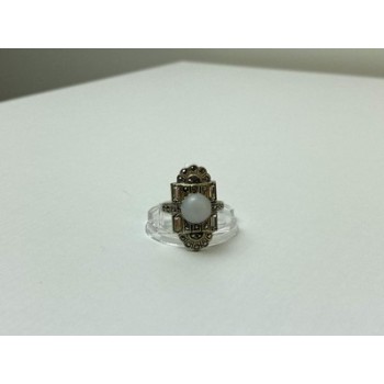 Vintage 925 Sterling Silver Agate, Goshenite & Marcasites Ring Size 5.5