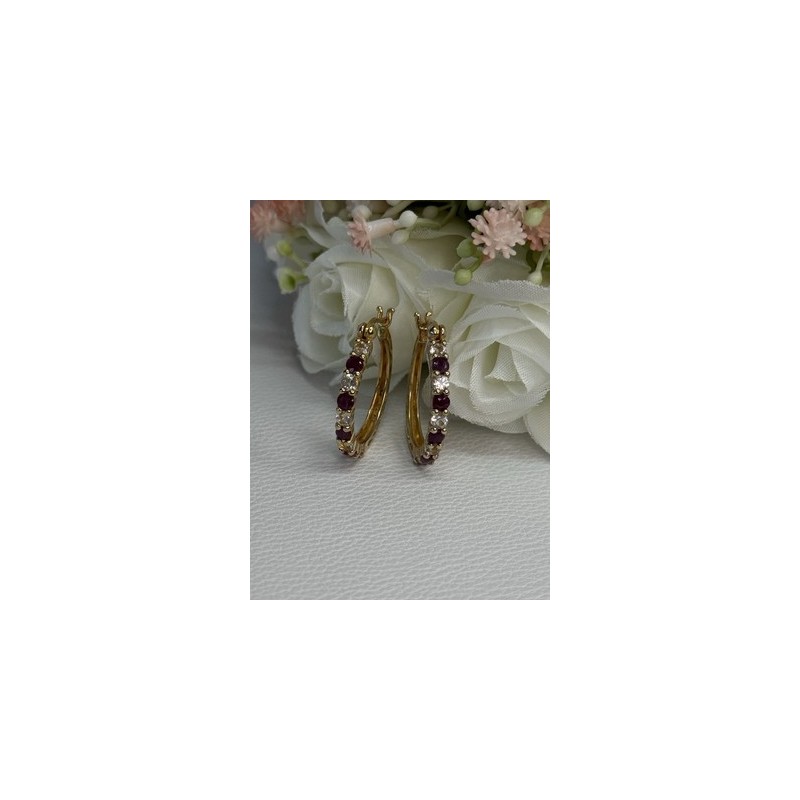 925 Sterling Silver Gold Plated Ruby & Beryl Earrings Length 1.10 Inch