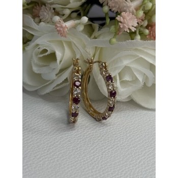 925 Sterling Silver Gold Plated Ruby & Beryl Earrings Length 1.10 Inch
