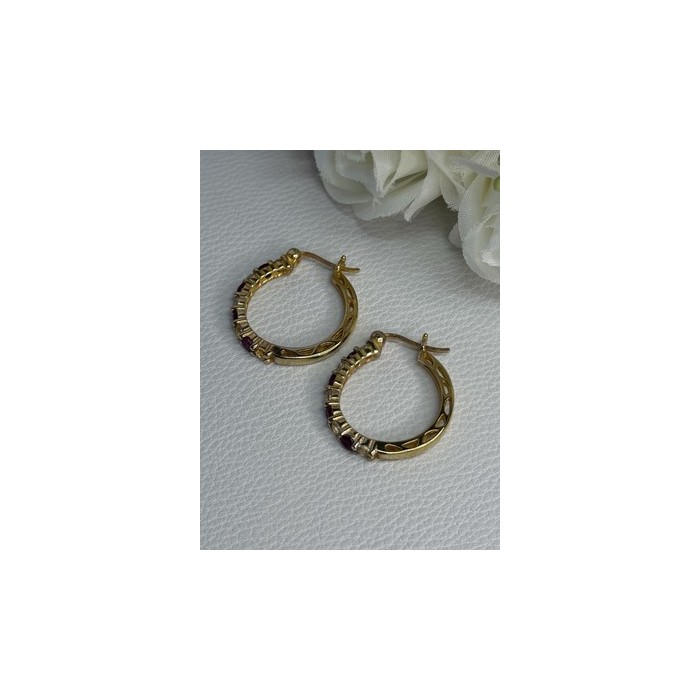 925 Sterling Silver Gold Plated Ruby & Beryl Earrings Length 1.10 Inch