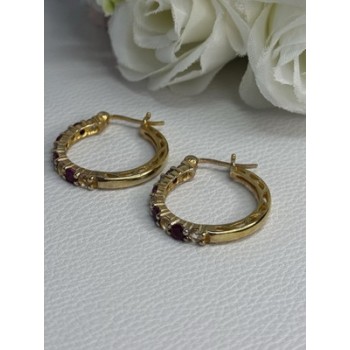 925 Sterling Silver Gold Plated Ruby & Beryl Earrings Length 1.10 Inch