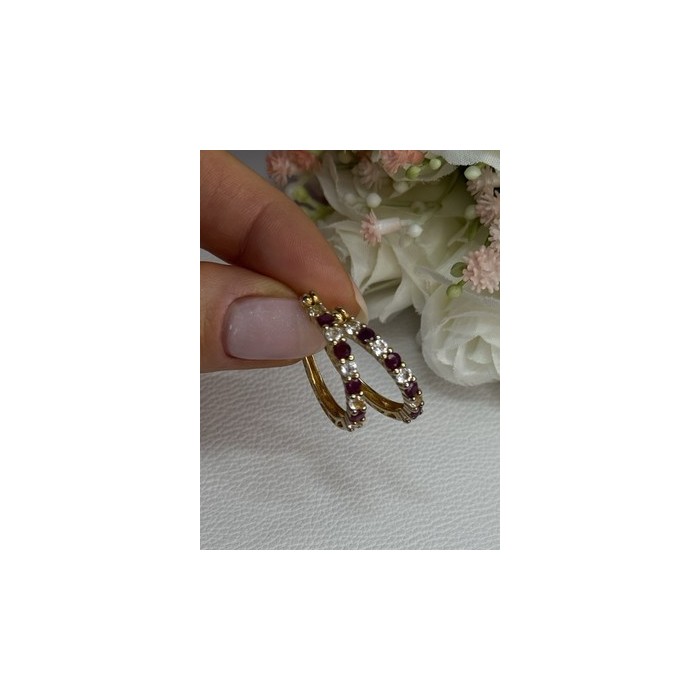 925 Sterling Silver Gold Plated Ruby & Beryl Earrings Length 1.10 Inch