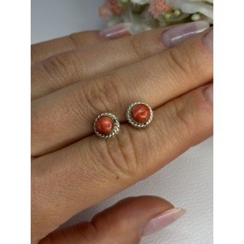 925 Sterling Silver Coral Earrings Length 0.30 Inch