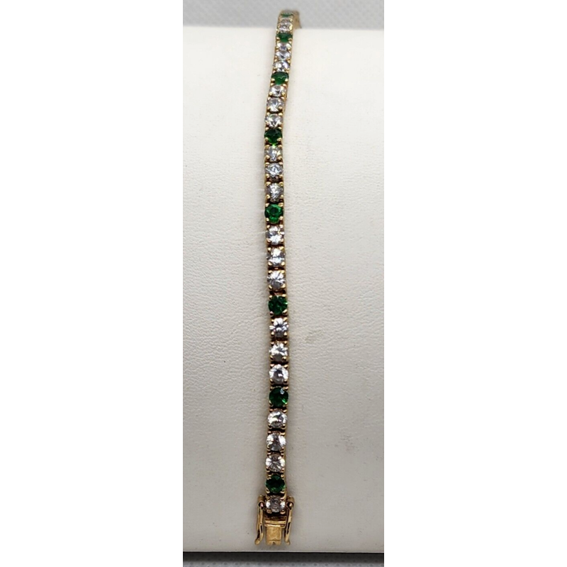 925 STERLING SILVER VERMEIL EMERALD AND QUARTZ BRACELET SIZE 7 IN