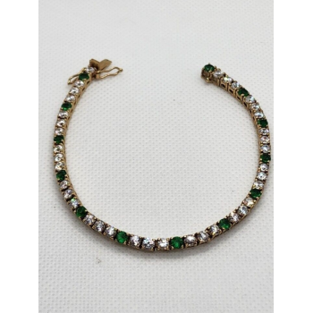 925 STERLING SILVER VERMEIL EMERALD AND QUARTZ BRACELET SIZE 7 IN