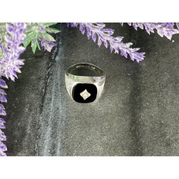 925 Sterling Silver Black Nephrite & CZ Ring Size 9